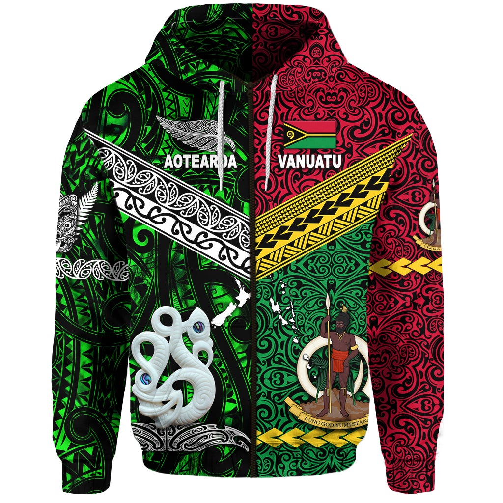 Custom Vanuatu And New Zealand Zip Hoodie Together Green, Custom Text And Number LT8 - Wonder Print Shop