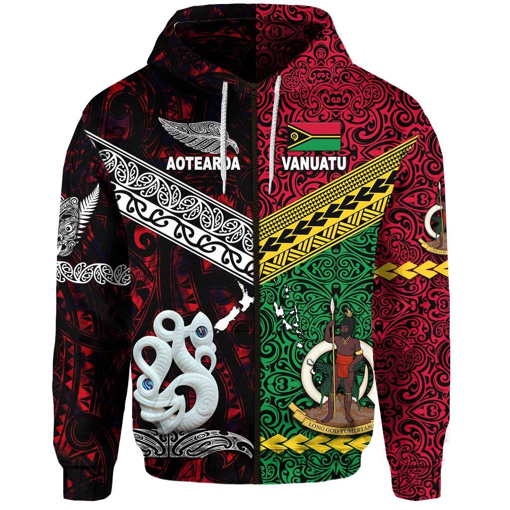 Custom Vanuatu And New Zealand Zip Hoodie Together Red, Custom Text And Number LT8 - Wonder Print Shop