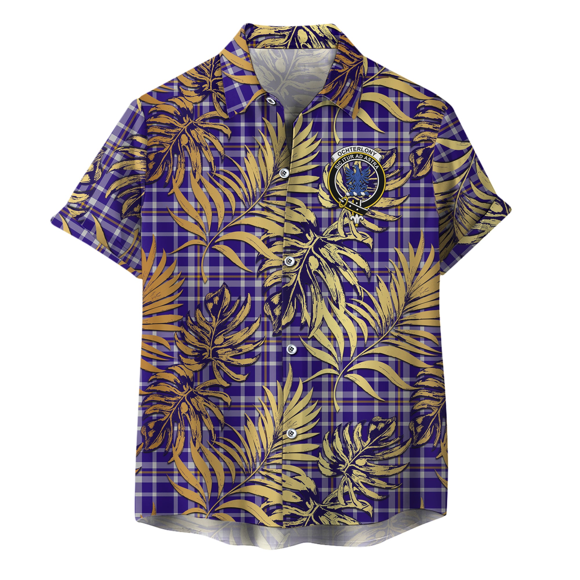 scottish-ochterlony-clan-crest-tartan-golden-tropical-palm-leaves-hawaiian-shirt