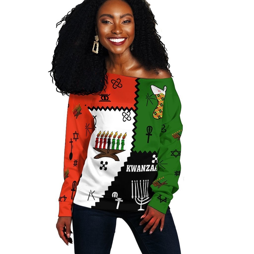 Wonder Print Shop Sweashirt - Kwanzaa Christmas Style Women Off shoulder - Wonder Print Shop