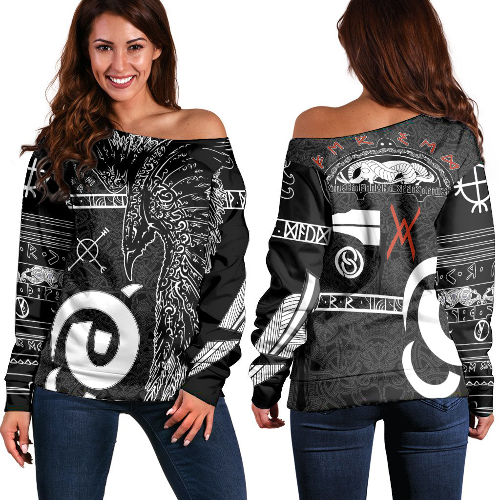 Viking Off Shoulder Sweater - Raven Norse Mythology Tattoo A21 RLT12 - Wonder Print Shop