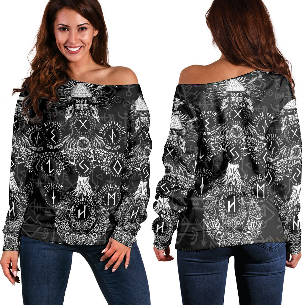 Viking Off Shoulder Sweater - Odin Tree Runes RLT12 - Wonder Print Shop