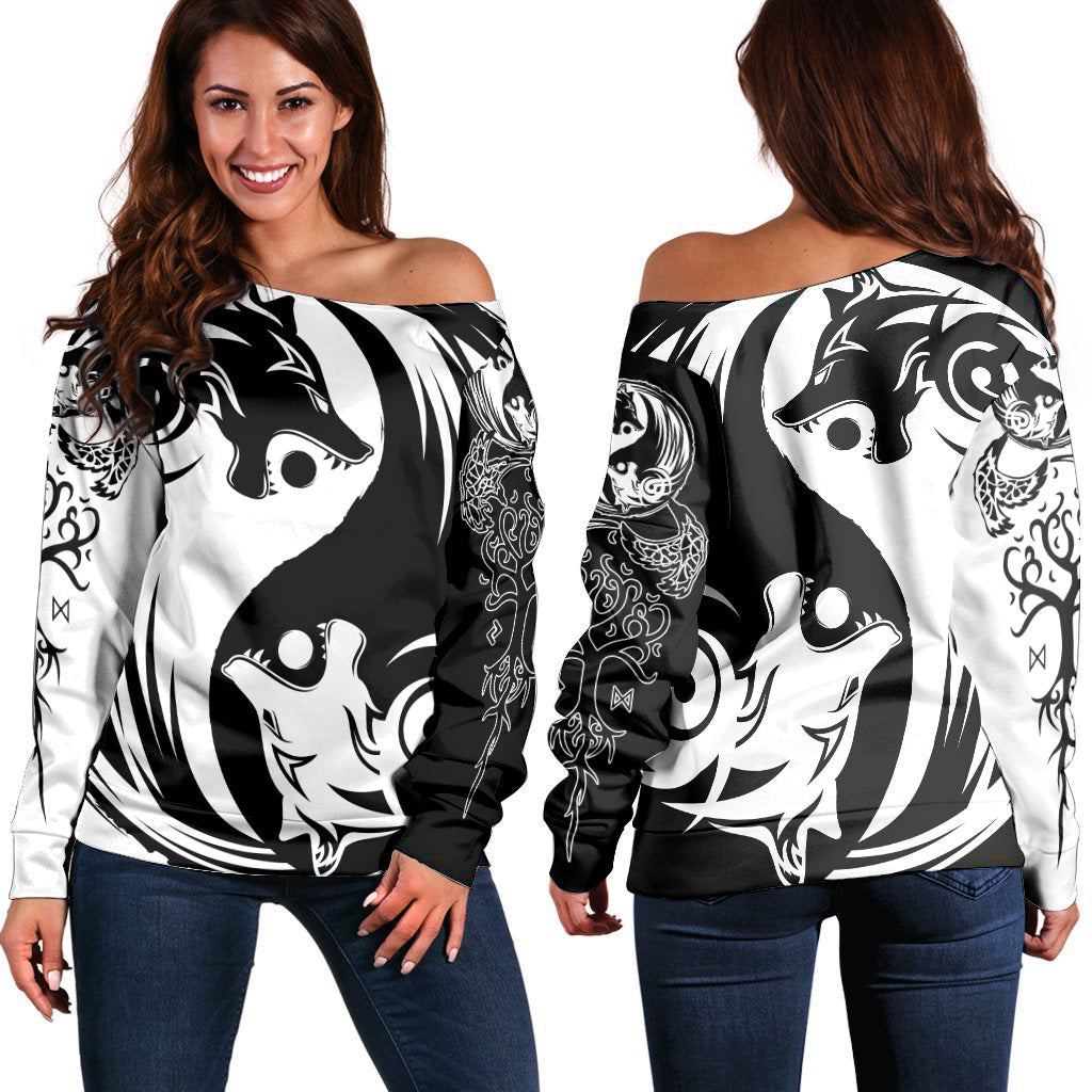 Viking Off Shoulder Sweater - Ying Yang Wolf RLT12 - Wonder Print Shop
