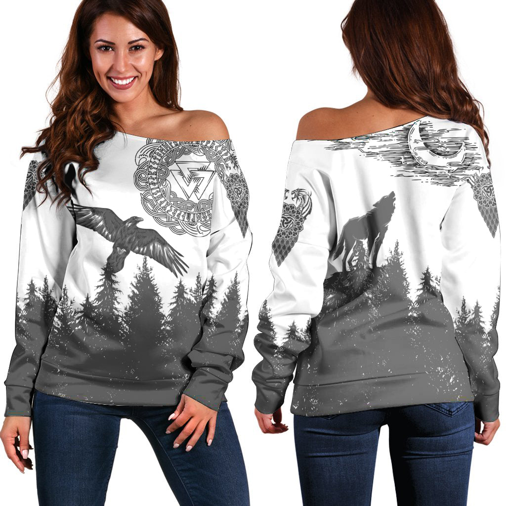 Viking Raven and Wolf In Pine Forest Off Shoulder Sweater RLT12 - Wonder Print Shop