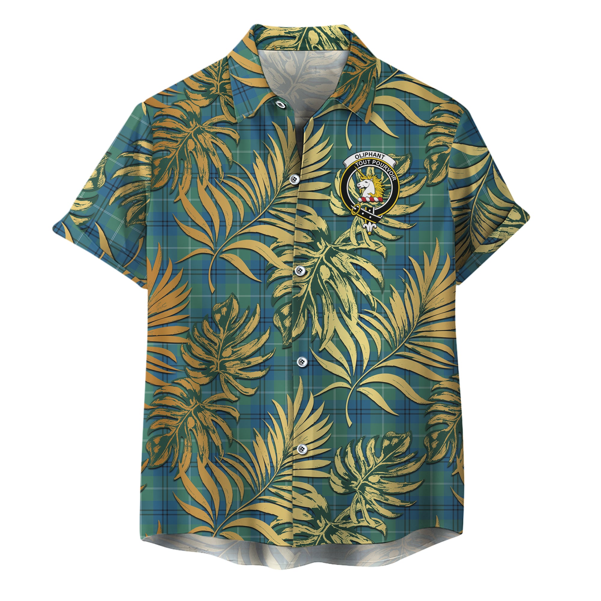 scottish-oliphant-ancient-clan-crest-tartan-golden-tropical-palm-leaves-hawaiian-shirt