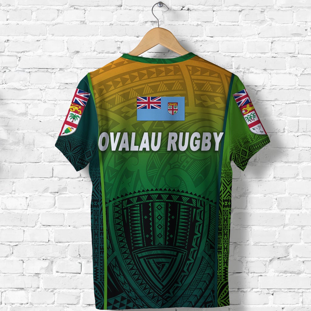 Light green Ovalau Rugby rugby T-shirt back print with flag crest and tribal design