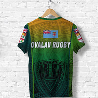 Light green Ovalau Rugby rugby T-shirt back print with flag crest and tribal design
