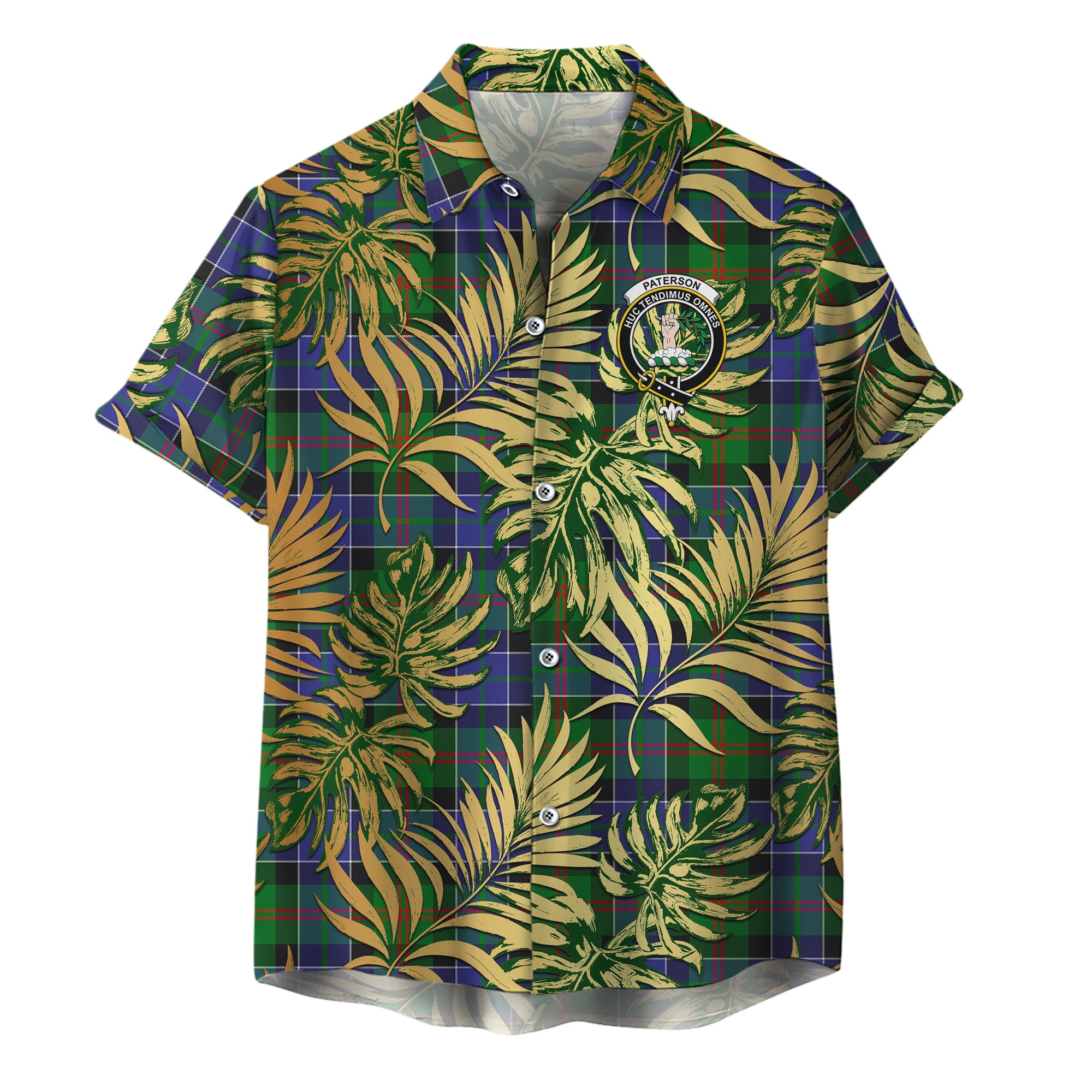scottish-paterson-clan-crest-tartan-golden-tropical-palm-leaves-hawaiian-shirt