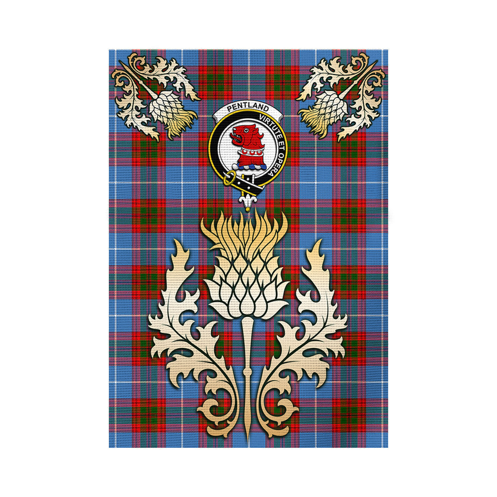scottish-pentland-clan-crest-gold-thistle-tartan-garden-flag