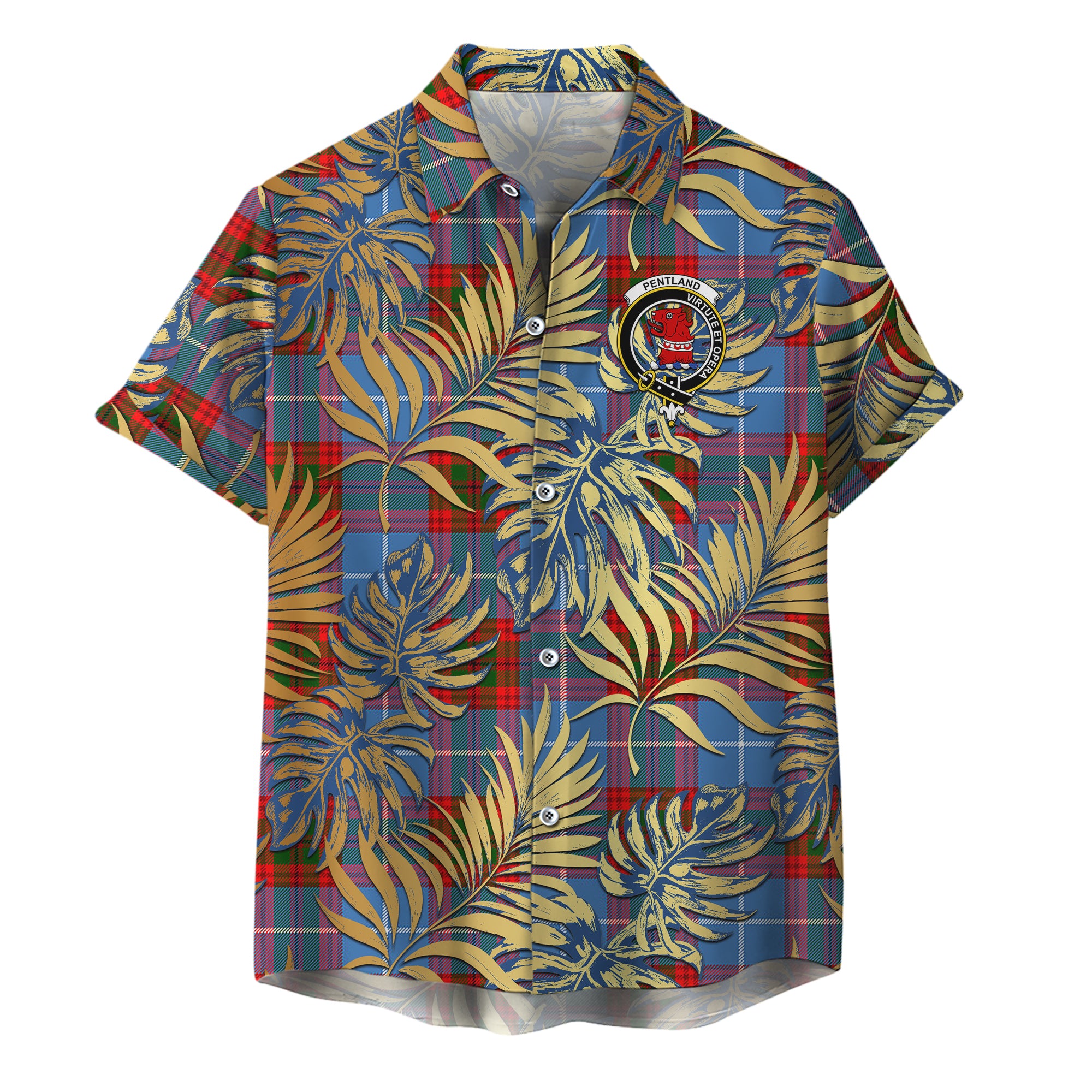 scottish-pentland-clan-crest-tartan-golden-tropical-palm-leaves-hawaiian-shirt
