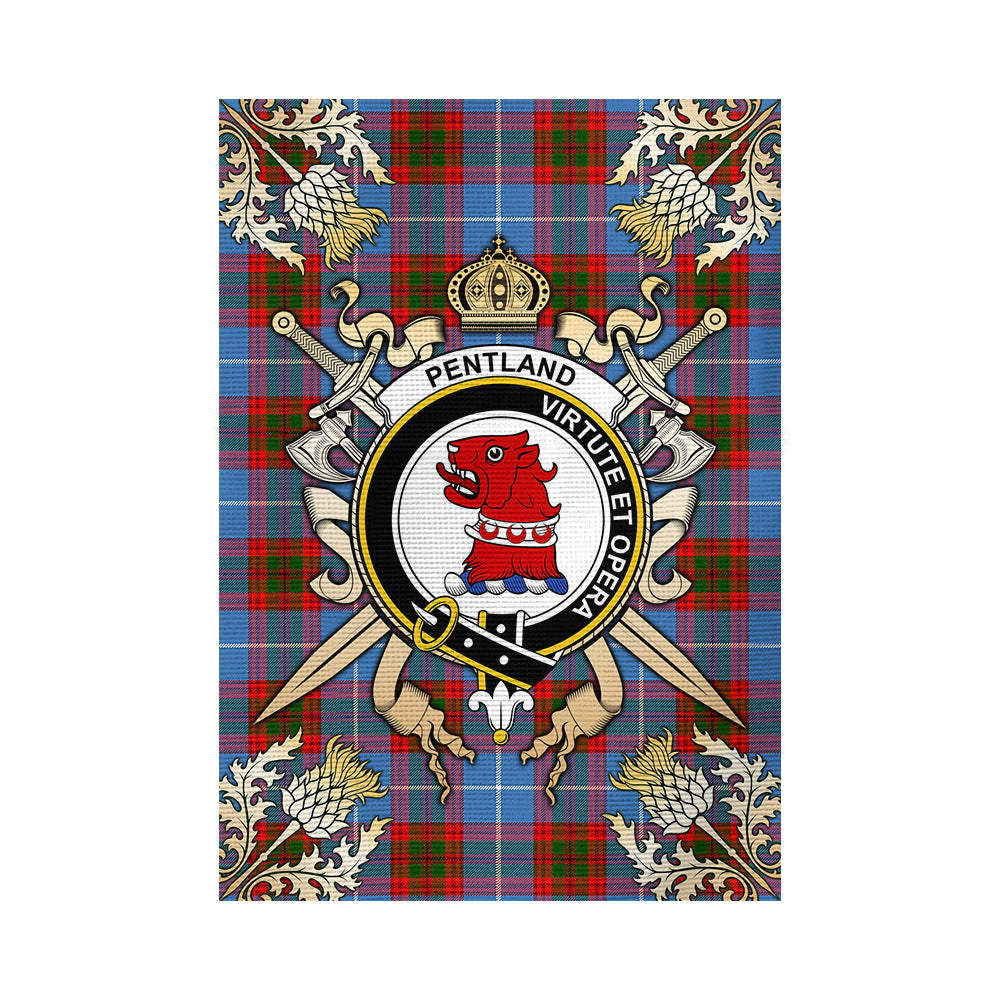 scottish-pentland-clan-crest-gold-courage-sword-tartan-garden-flag