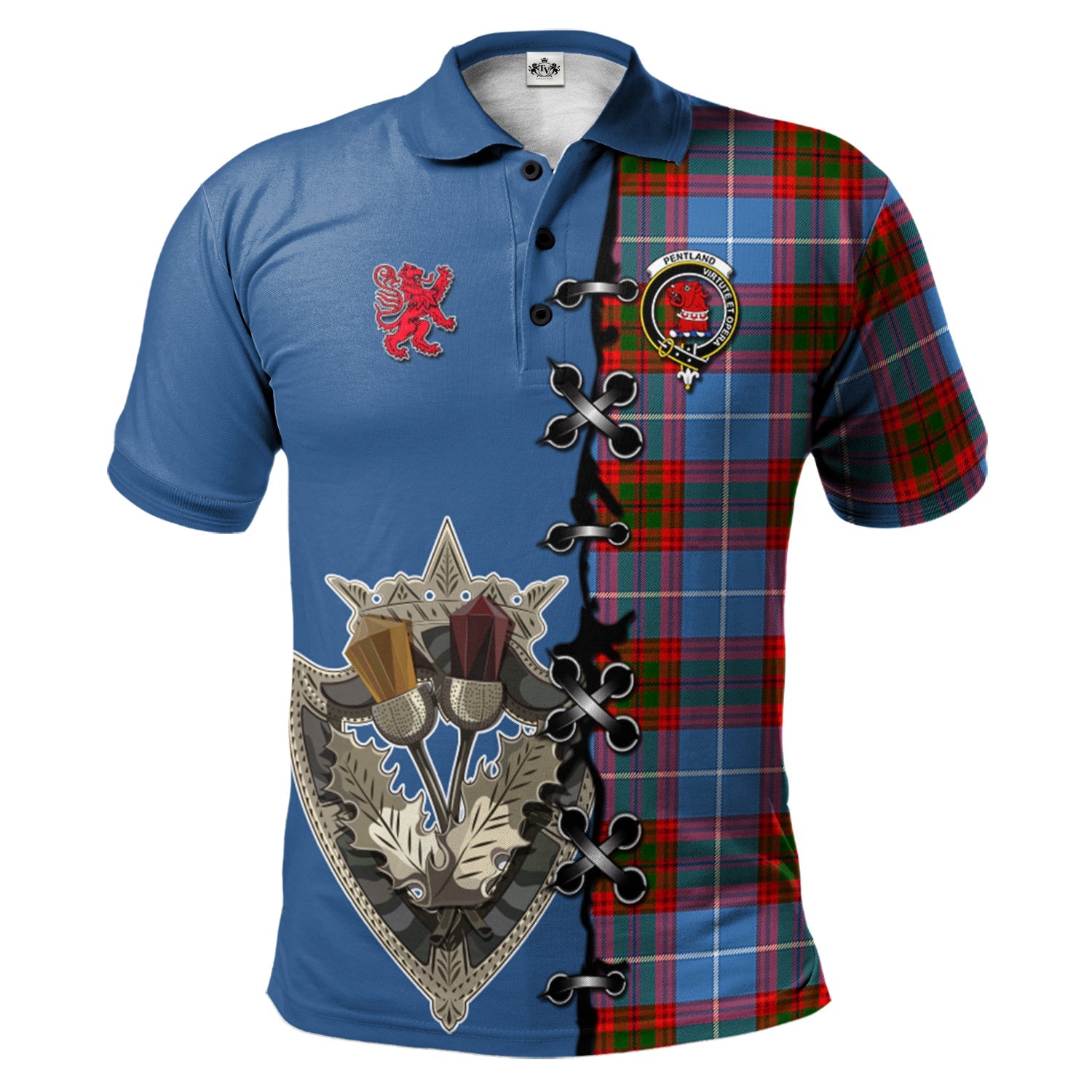 scottish-pentland-clan-crest-tartan-lion-rampant-and-celtic-thistle-polo-shirt