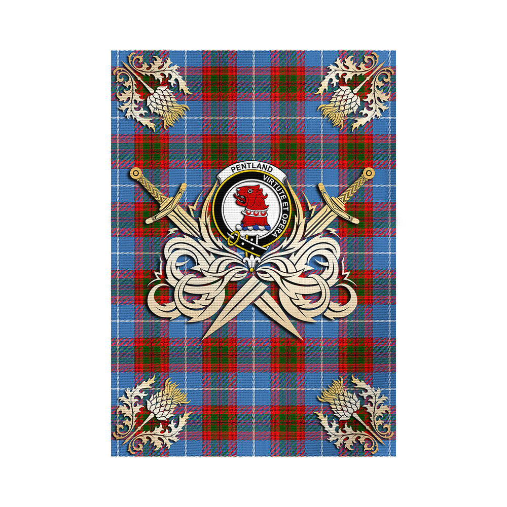 scottish-pentland-clan-crest-courage-sword-tartan-garden-flag