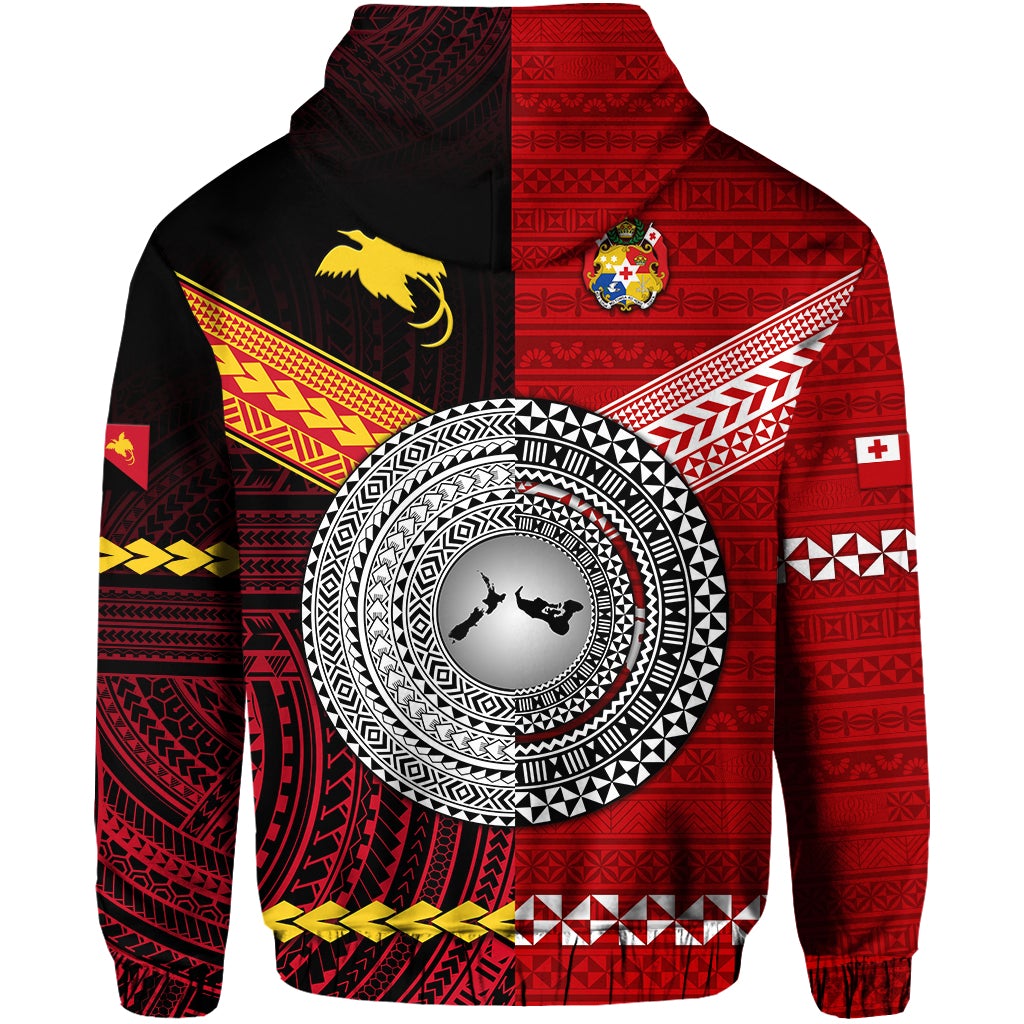 Custom Papua New Guinea And Tonga Zip Hoodie Polynesian Together Red LT8 - Wonder Print Shop