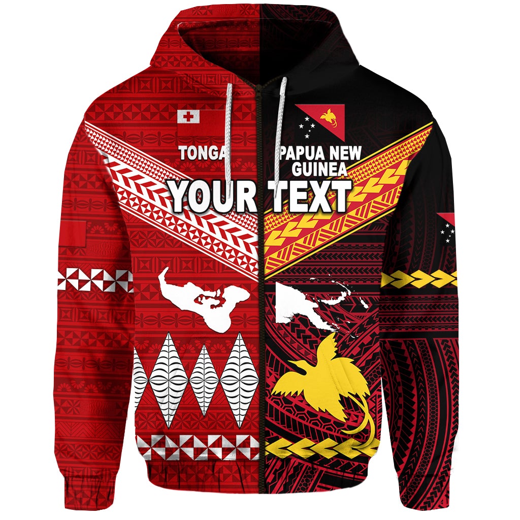 Custom Papua New Guinea And Tonga Zip Hoodie Polynesian Together Red LT8 - Wonder Print Shop