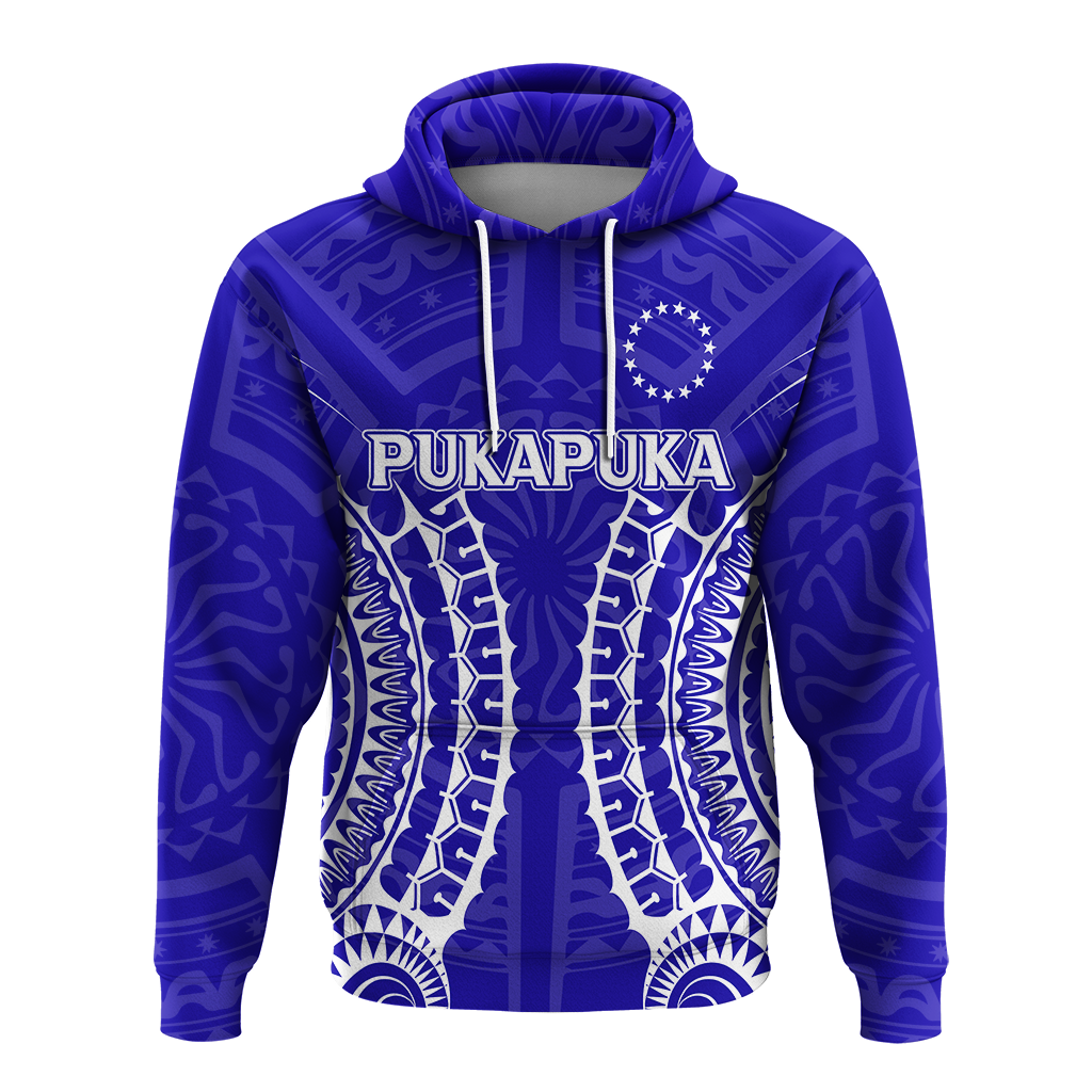 Blue hoodie with Pukapuka emblem and tribal panel print, front view, white drawcords.