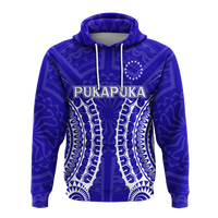 Blue hoodie with Pukapuka emblem and tribal panel print, front view, white drawcords.