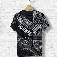 Black Pohnpei T-shirt showing large POHNPEI print and tribal Geometric artwork