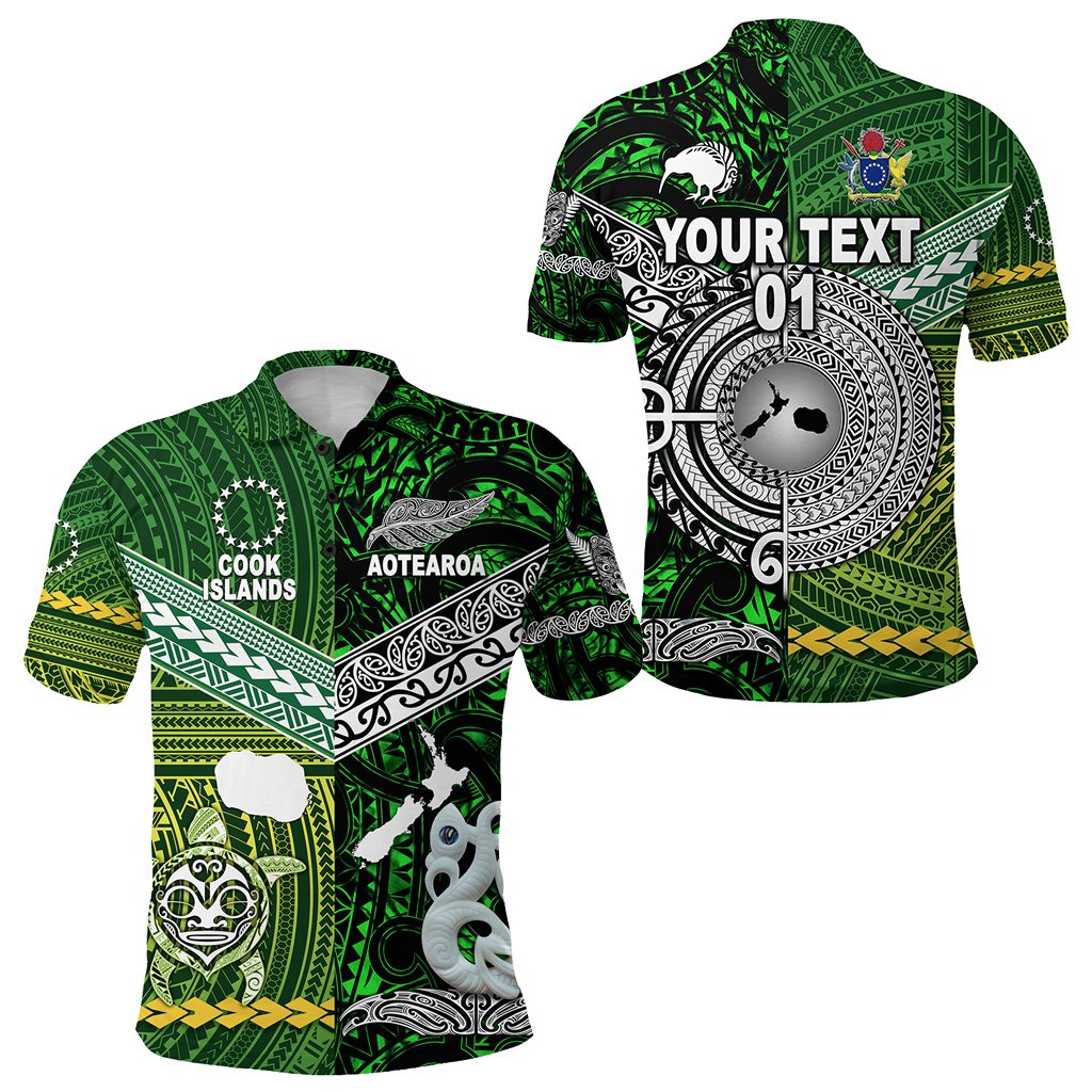custom-personalised-new-zealand-maori-aotearoa-polo-shirt-cook-islands-together-green-custom-text-and-number