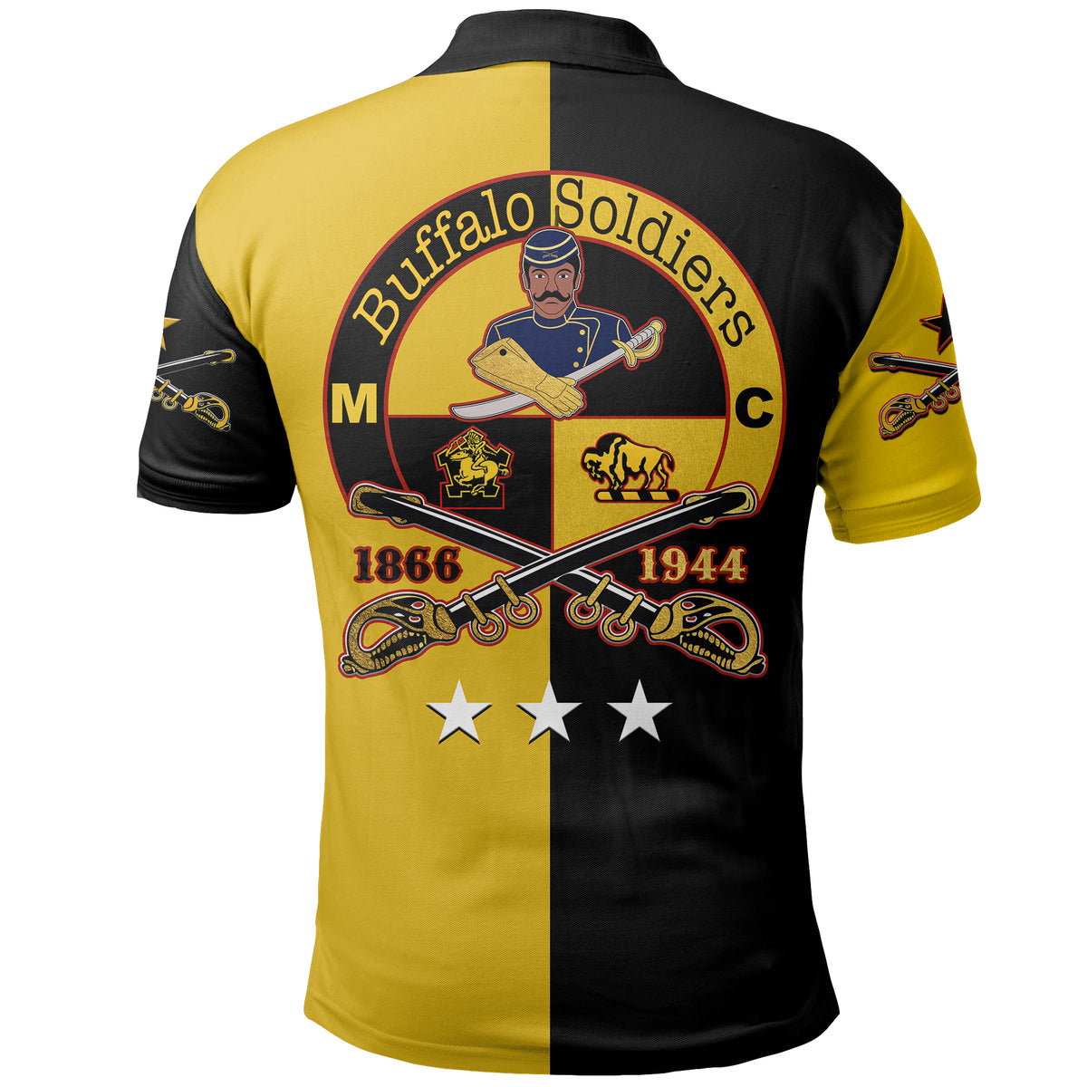 Black and gold polo shirt, back graphic with “Buffalo Soldiers” text and weapons
