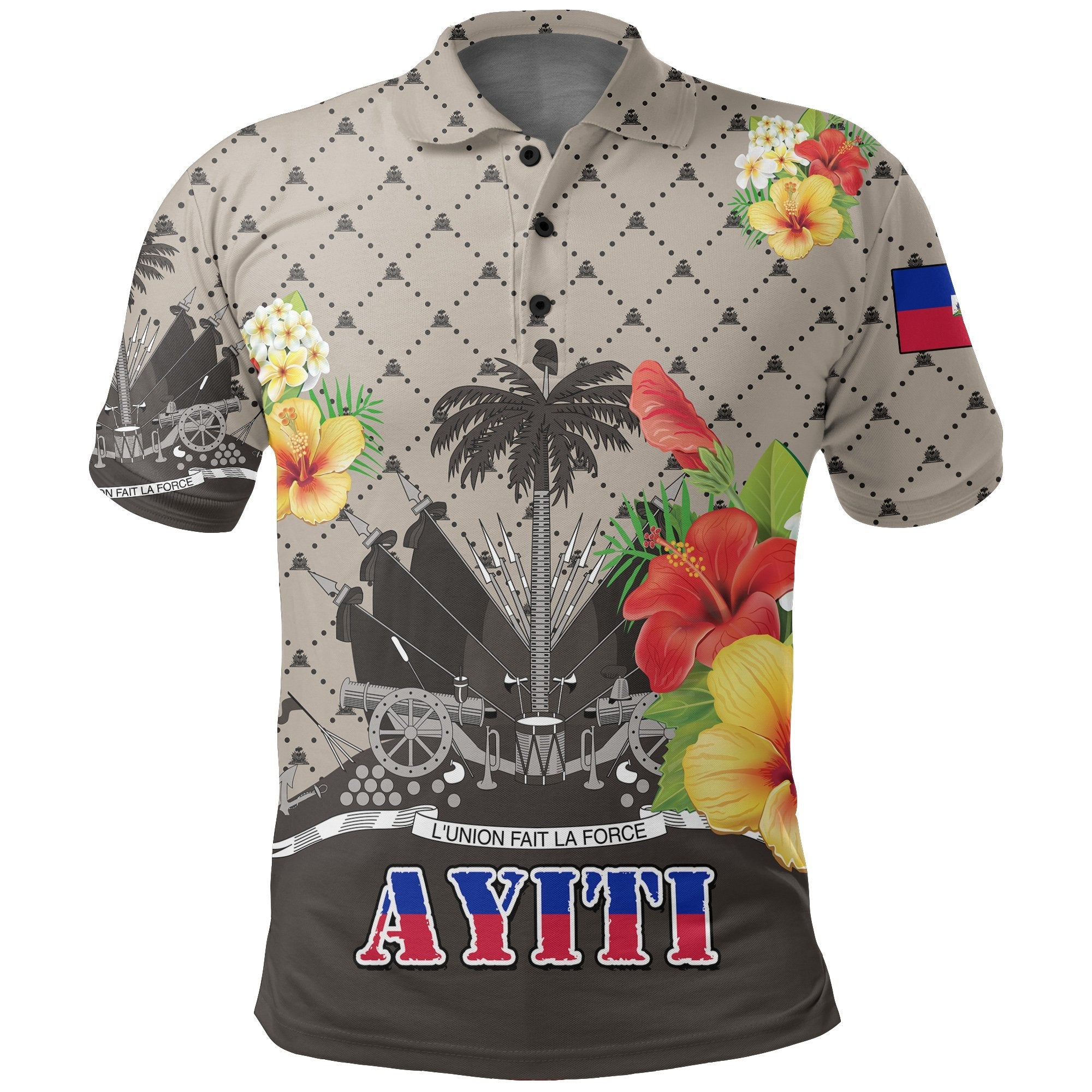 haiti-polo-shirt-coat-of-arms-hibiscus-plumeria-light-brown