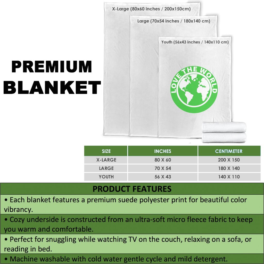 Premium blanket size chart with dimensions and product features infographic