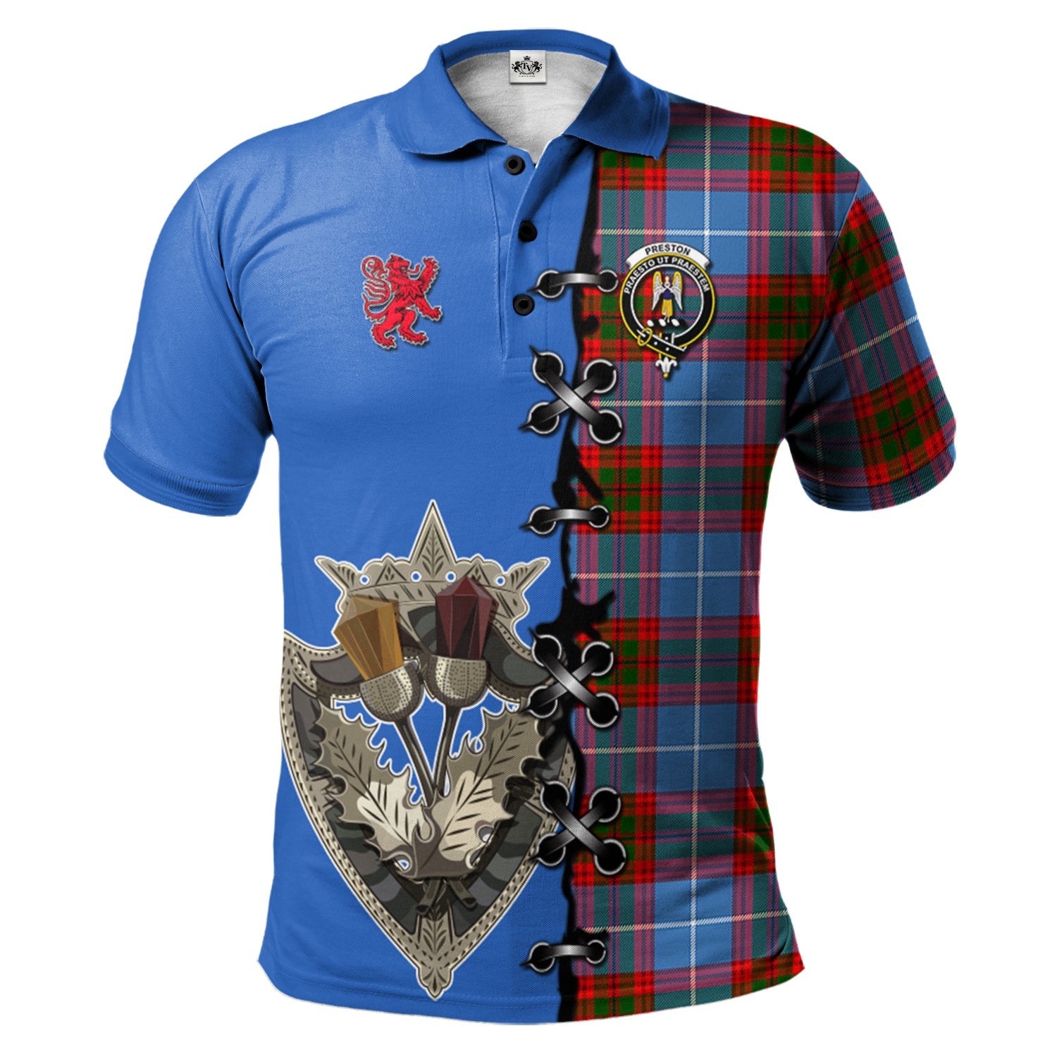 scottish-preston-clan-crest-tartan-lion-rampant-and-celtic-thistle-polo-shirt