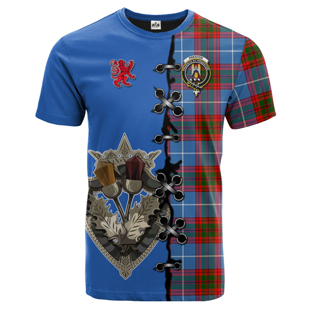 scottish-preston-clan-crest-tartan-lion-rampant-and-celtic-thistle-t-shirt