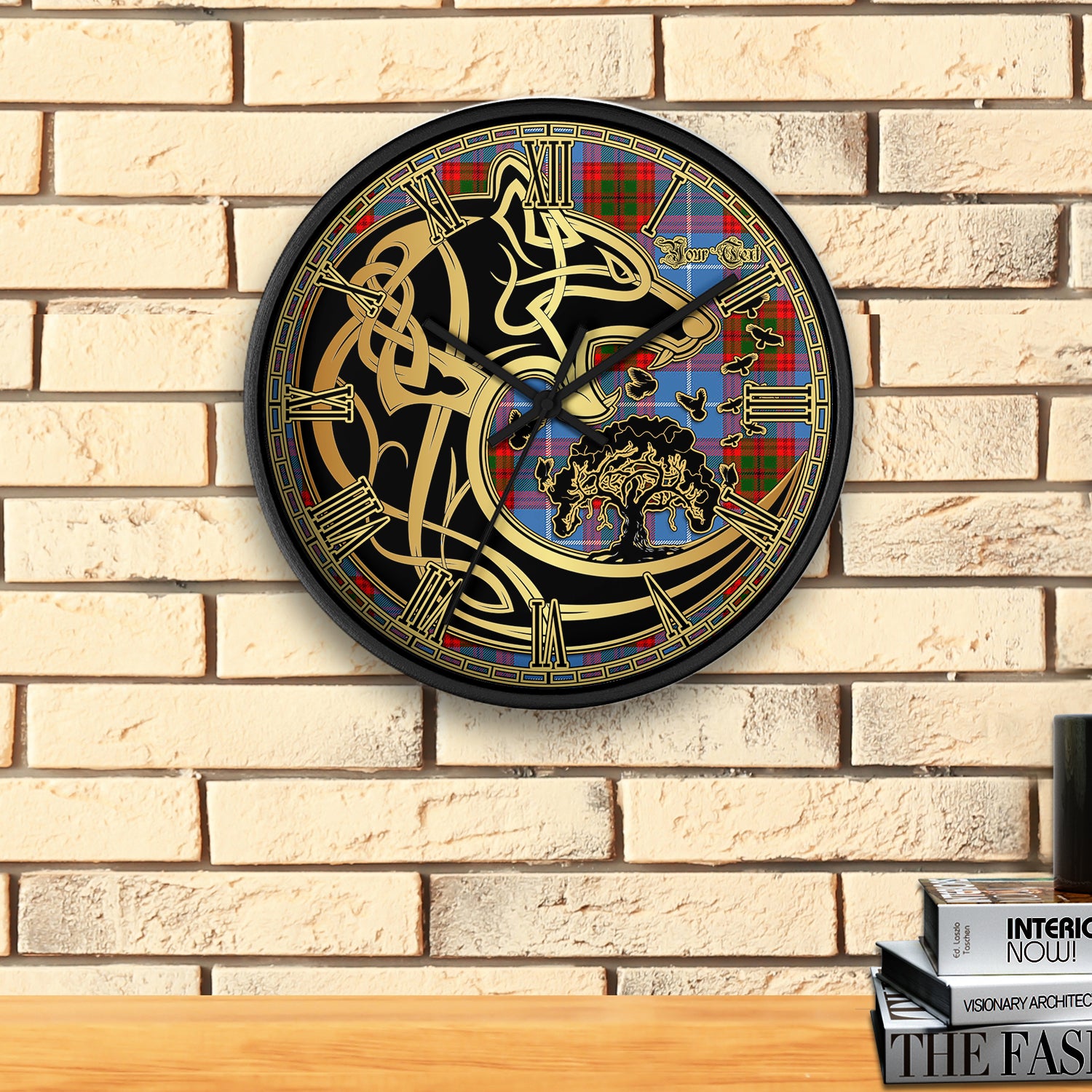 preston-tartan-wall-clock-personalize-wall-clock-decor-wall-clock-celtic-wolf-style