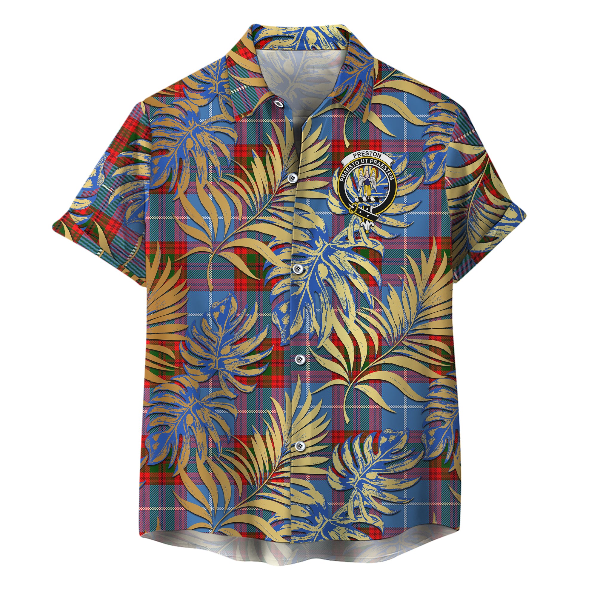 scottish-preston-clan-crest-tartan-golden-tropical-palm-leaves-hawaiian-shirt