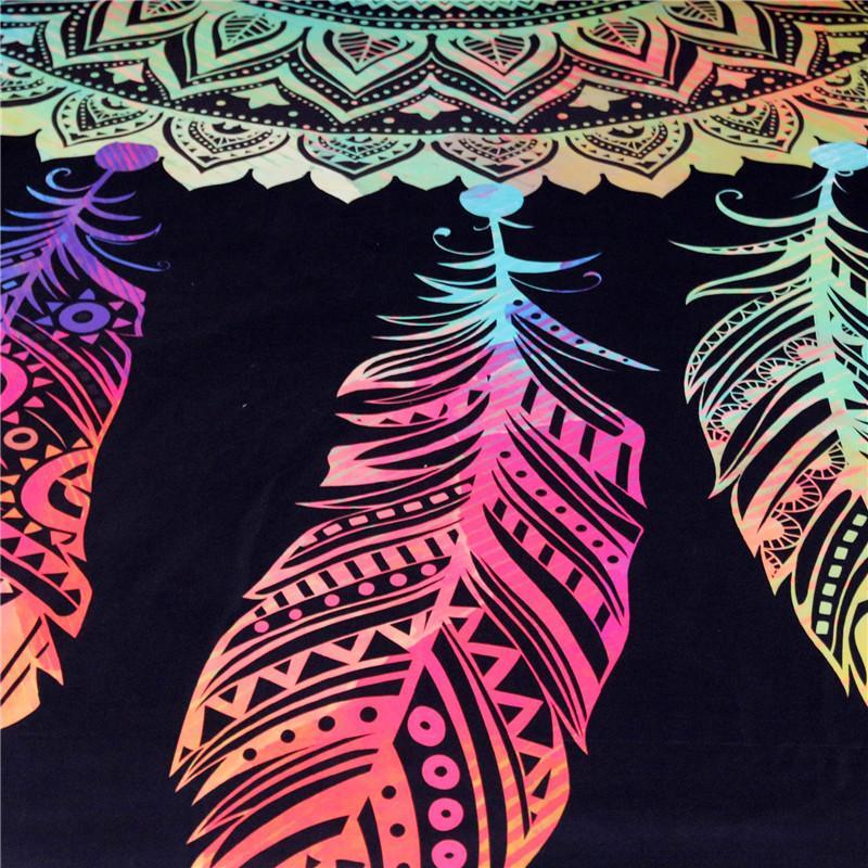 Close view of multicolor dreamcatcher feathers and scalloped trim on dark fabric