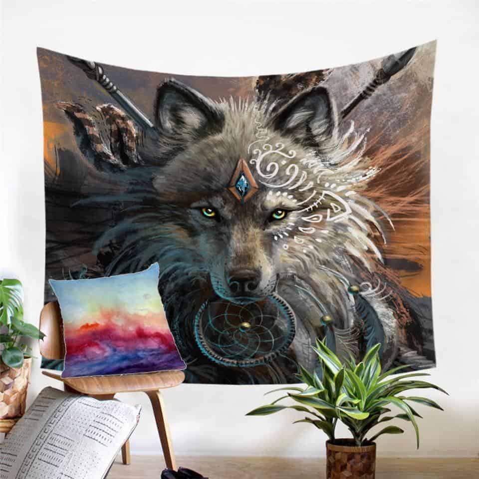 Wolf Warrior Wall Hanging Tapestry Native American Design LT10 - Wonder Print Shop