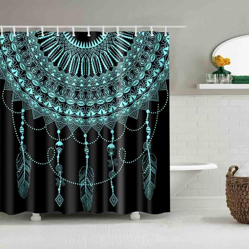 Dark shower curtain with teal dreamcatcher mandala and hanging bead and feather details