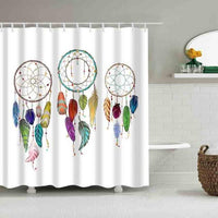 White shower curtain with three dreamcatchers and multicolor feather strands