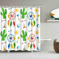 White shower curtain with colorful dreamcatchers plus cacti, arrows, suns, and moons