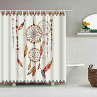 White shower curtain with two tan dreamcatchers, red beaded strands, and colorful feathers
