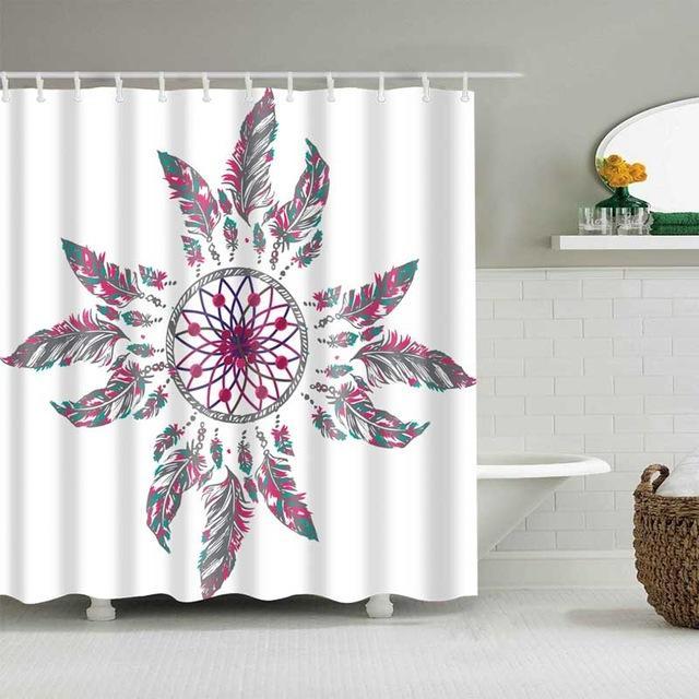 White shower curtain with large pink and teal dreamcatcher flower design