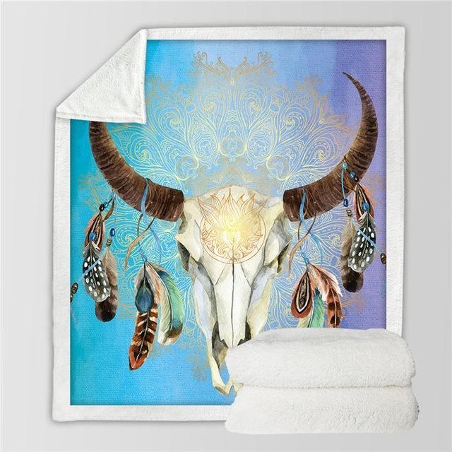 bison-skull-head-feathers-tribal-throw-blanket-native-american-design