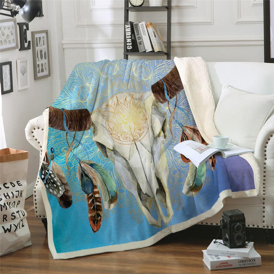 bison-skull-head-feathers-tribal-throw-blanket-native-american-design