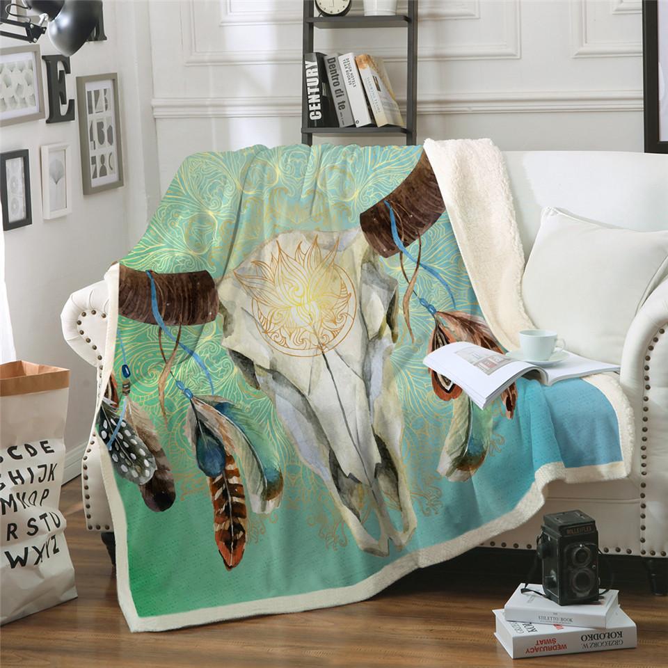 bison-skull-head-feathers-tribal-throw-blanket-native-american-design