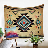 Southwest geometric tapestry with diamond and star motifs in multicolor on tan base