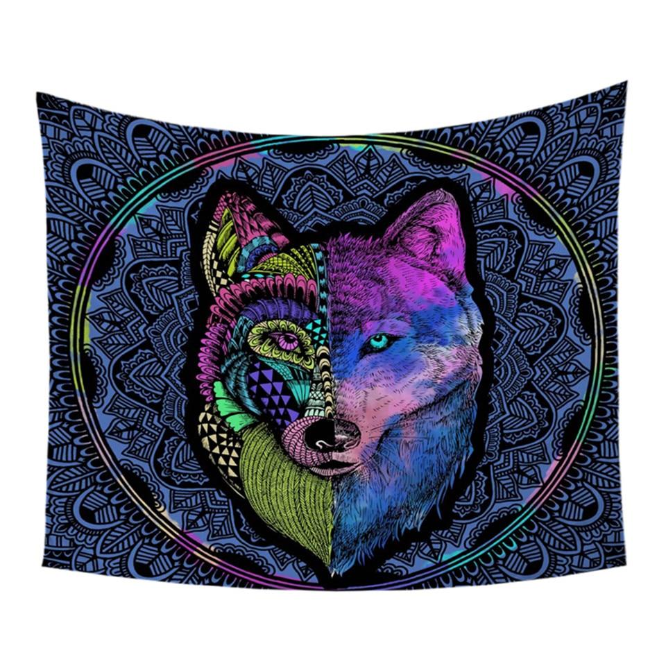 Multicolor wolf and mandala flower tapestry, navy circular backdrop design