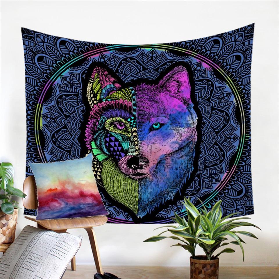 Colorful Wolf Tapestry Mandala Flower Native American Style LT10 - Wonder Print Shop