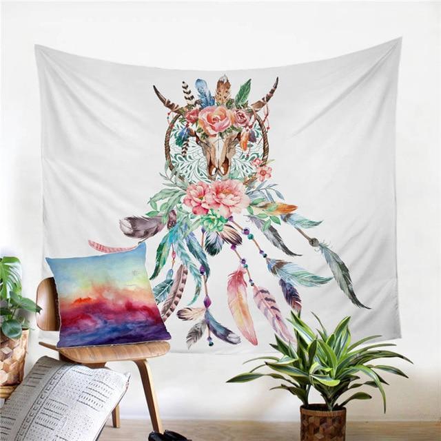 Center floral dreamcatcher tapestry with bright roses and long dangling feathers on white.