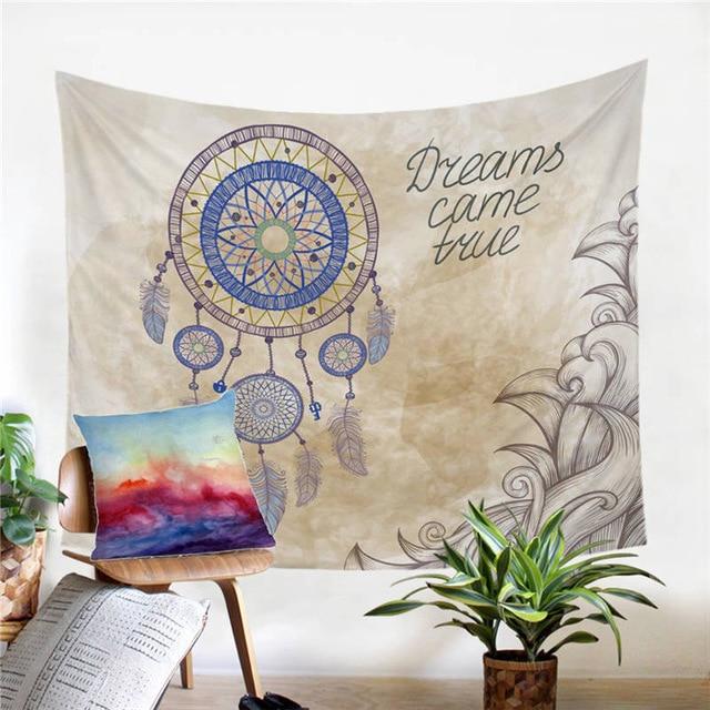 Beige dreamcatcher tapestry with “Dreams came true” text and circular hoop feather design.