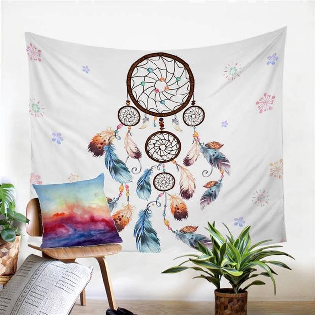 Dreamcatcher tapestry with multiple small hoops, hanging feathers, and tiny colorful floral sprigs.