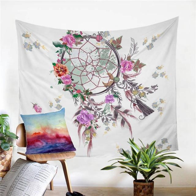 Floral dreamcatcher tapestry with rose flowers, leafy accents, and dangling feather details.