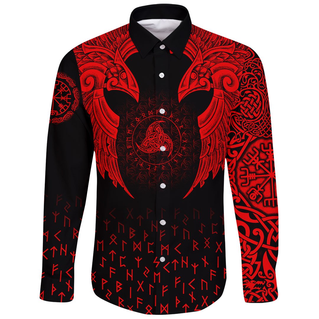 Viking Long Sleeve Button Shirt Nordic Raven Tattoos RLT12 - Wonder Print Shop