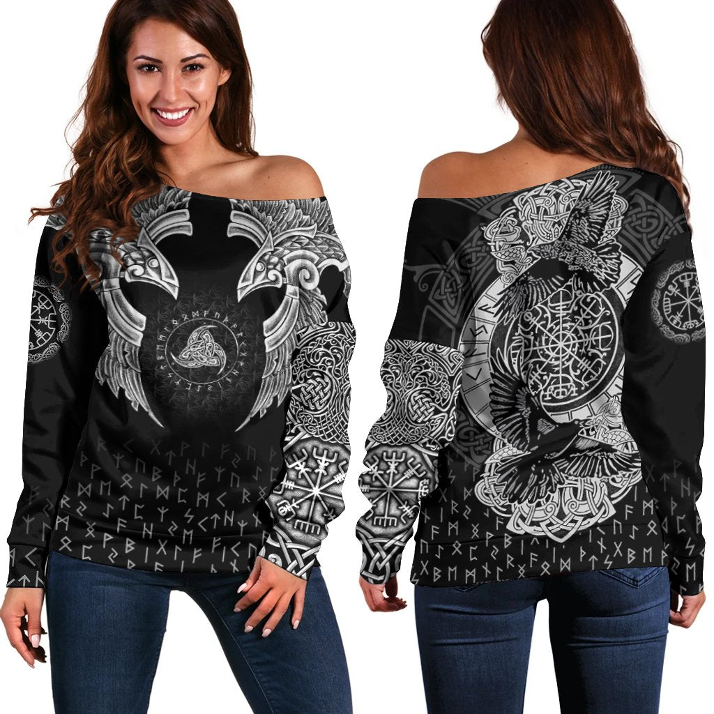 Viking Off Shoulder Sweater - Nordic Raven Tattoos RLT12 - Wonder Print Shop
