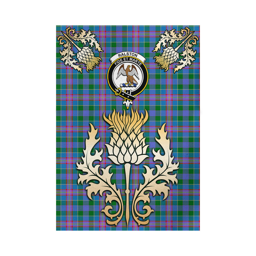 scottish-ralston-clan-crest-gold-thistle-tartan-garden-flag